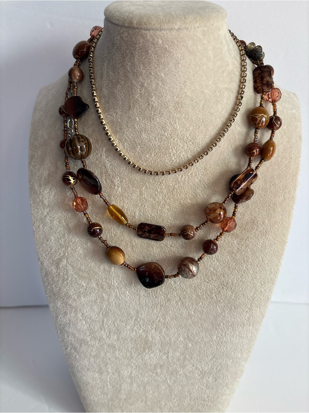 Layered Brown Glass Bead Necklace Set Topaz Rhinestone Choker Autumn Boho